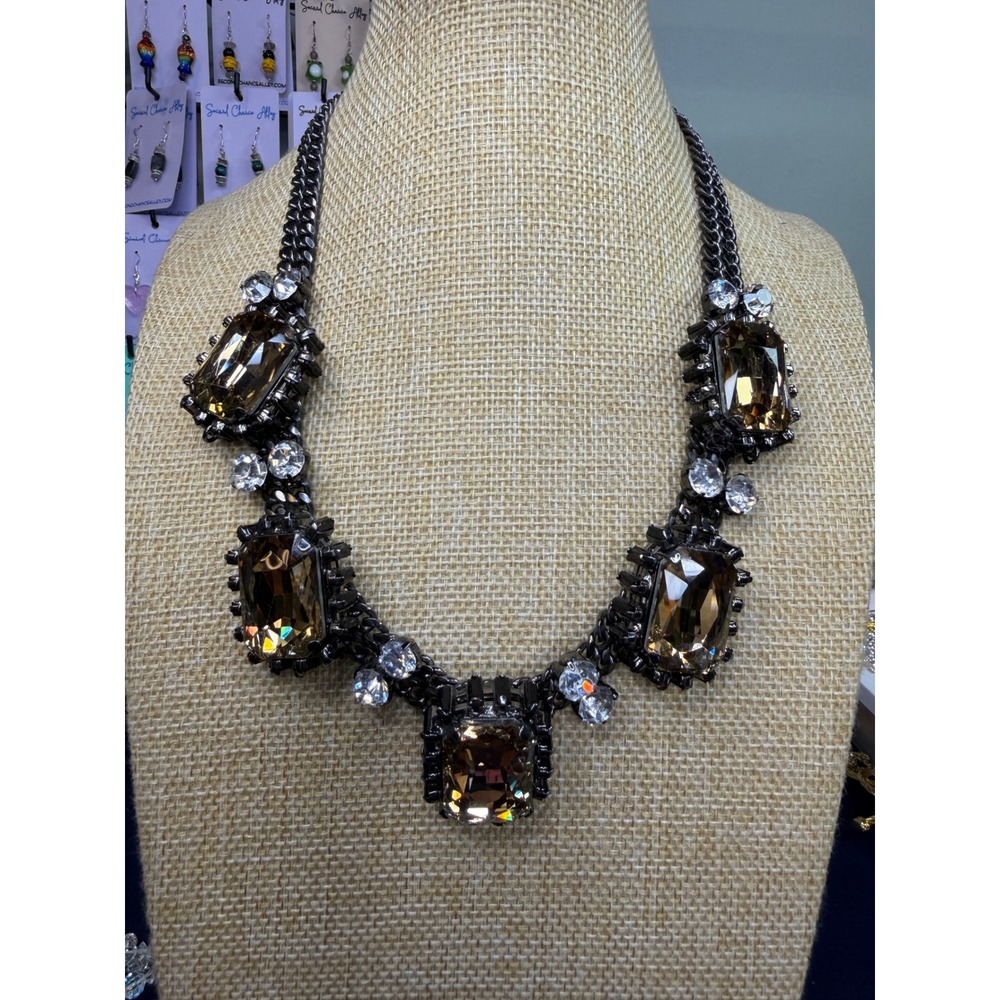 Gunmetal Smoky Topaz Crystal Statement Bib Necklace Emerald Cut Rhinestone